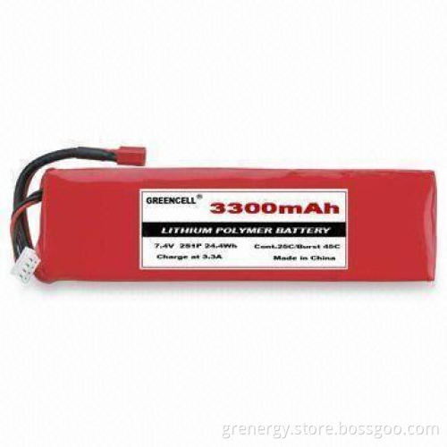 Lithium Polymer Battery with 45C Burst Discharge Current, 3,300mAh Capacity, 7.4V Voltage